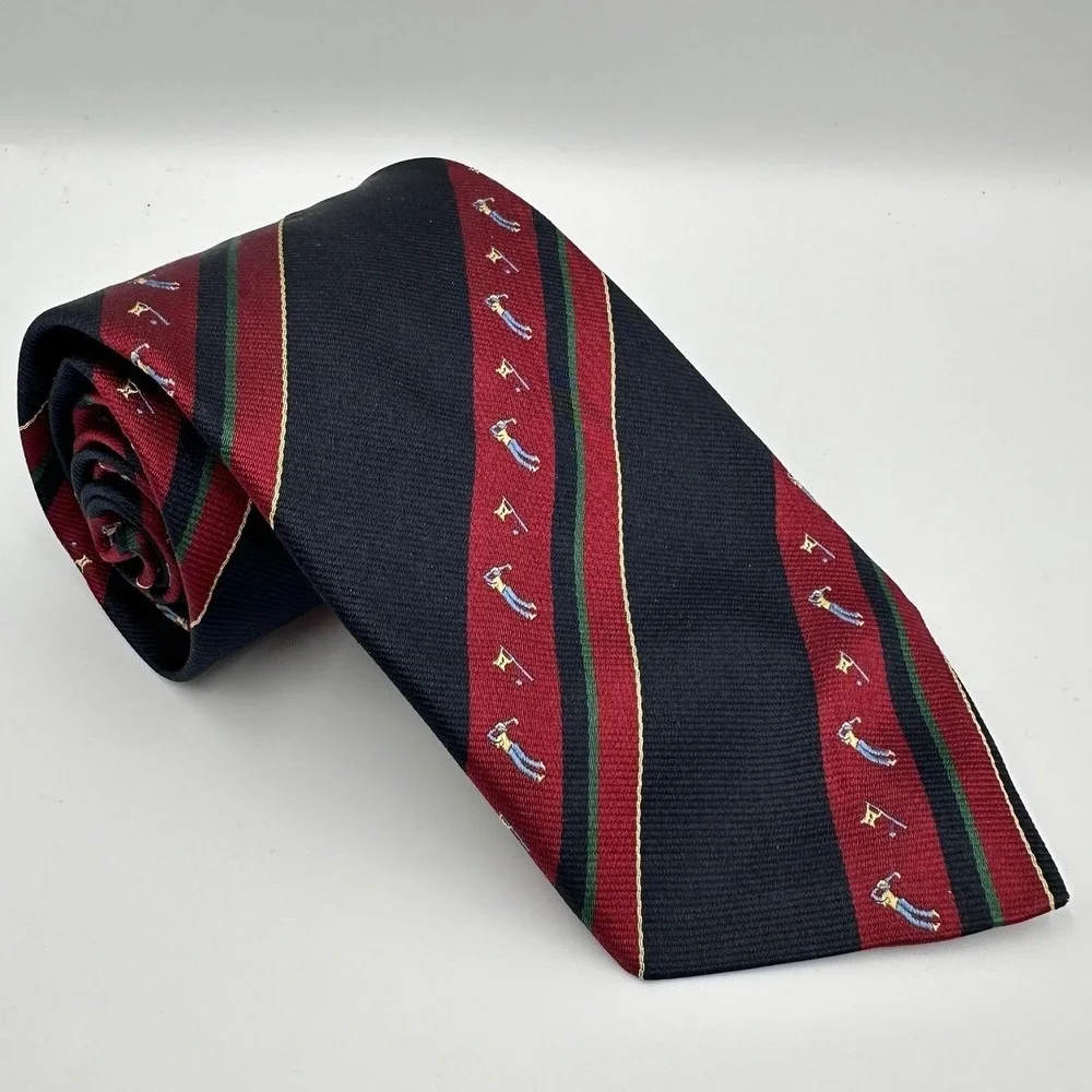 Vintage Golf Tie Mens Navy Red Silk Woven Preppy Ivy Country Club Style Stripe‎